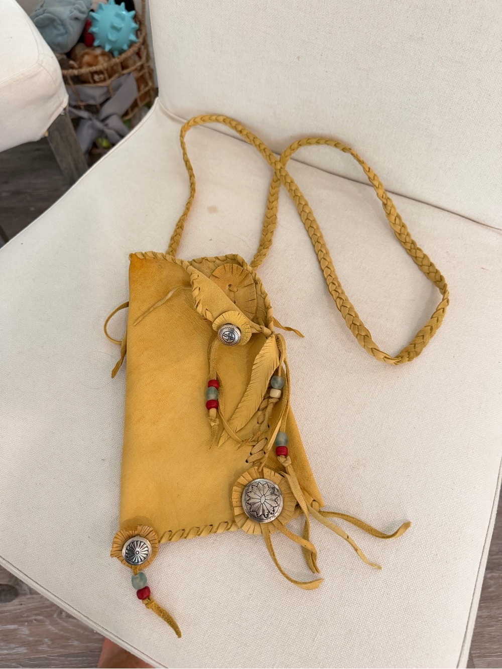 Boho Mustard Leather Crossbody Bag with Braided Strap and Concho Details